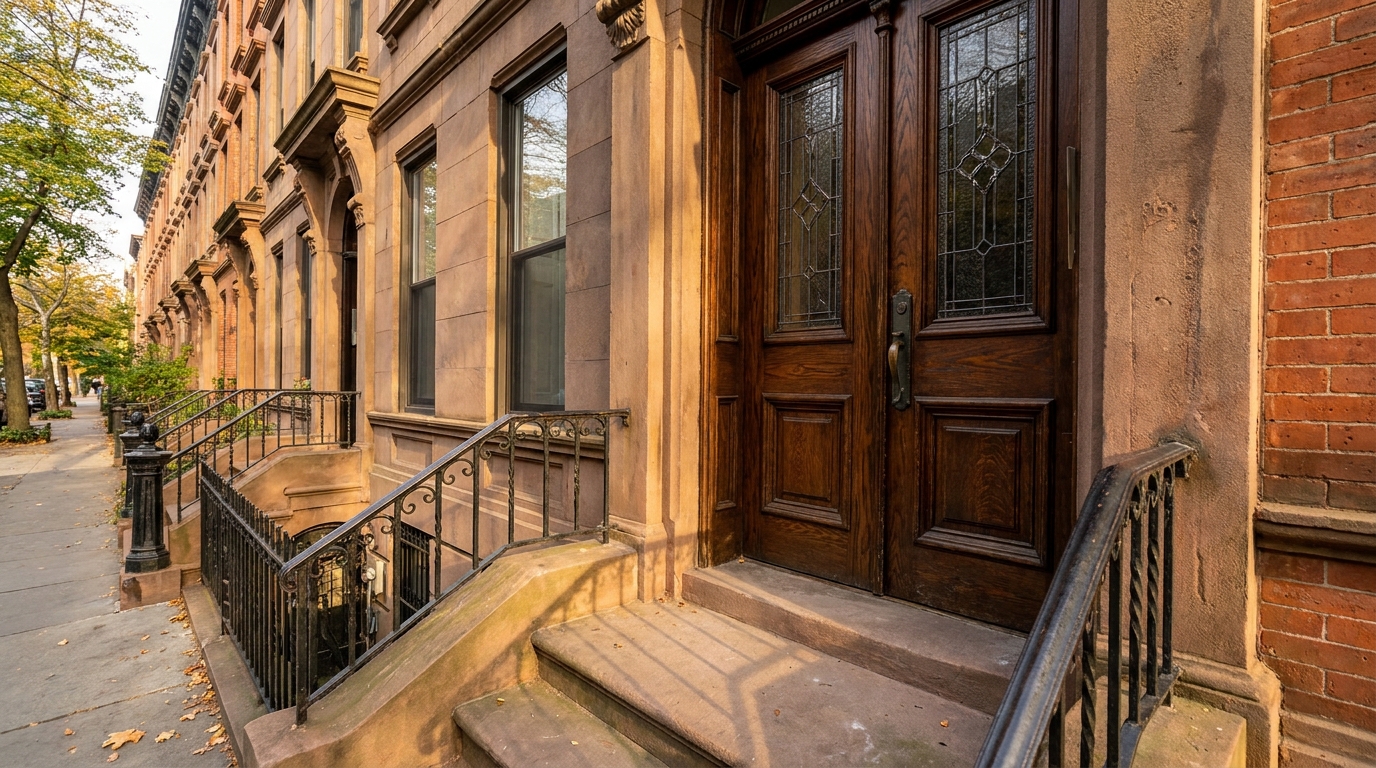 Elegant dark wood entry door with ornate glass in an East Village brownstone facade.