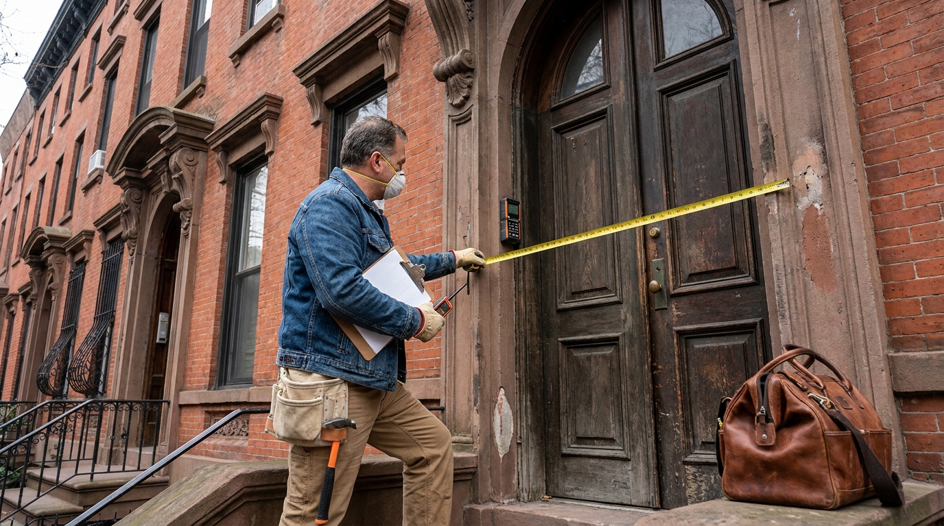 Close-up of a secure, decorative door knocker and lock on an East Village brownstone door.