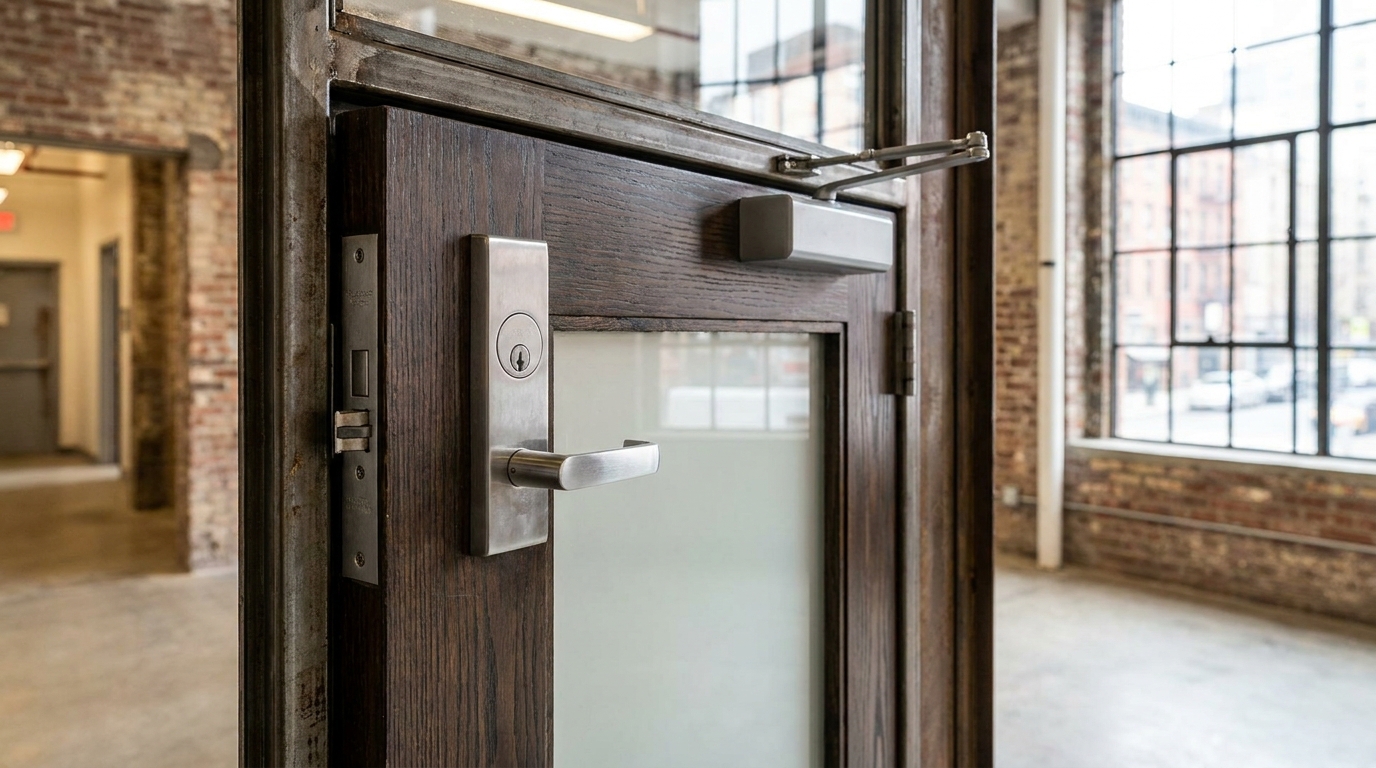 Assortment of high-security door locks, handles, and hinges on a display board.