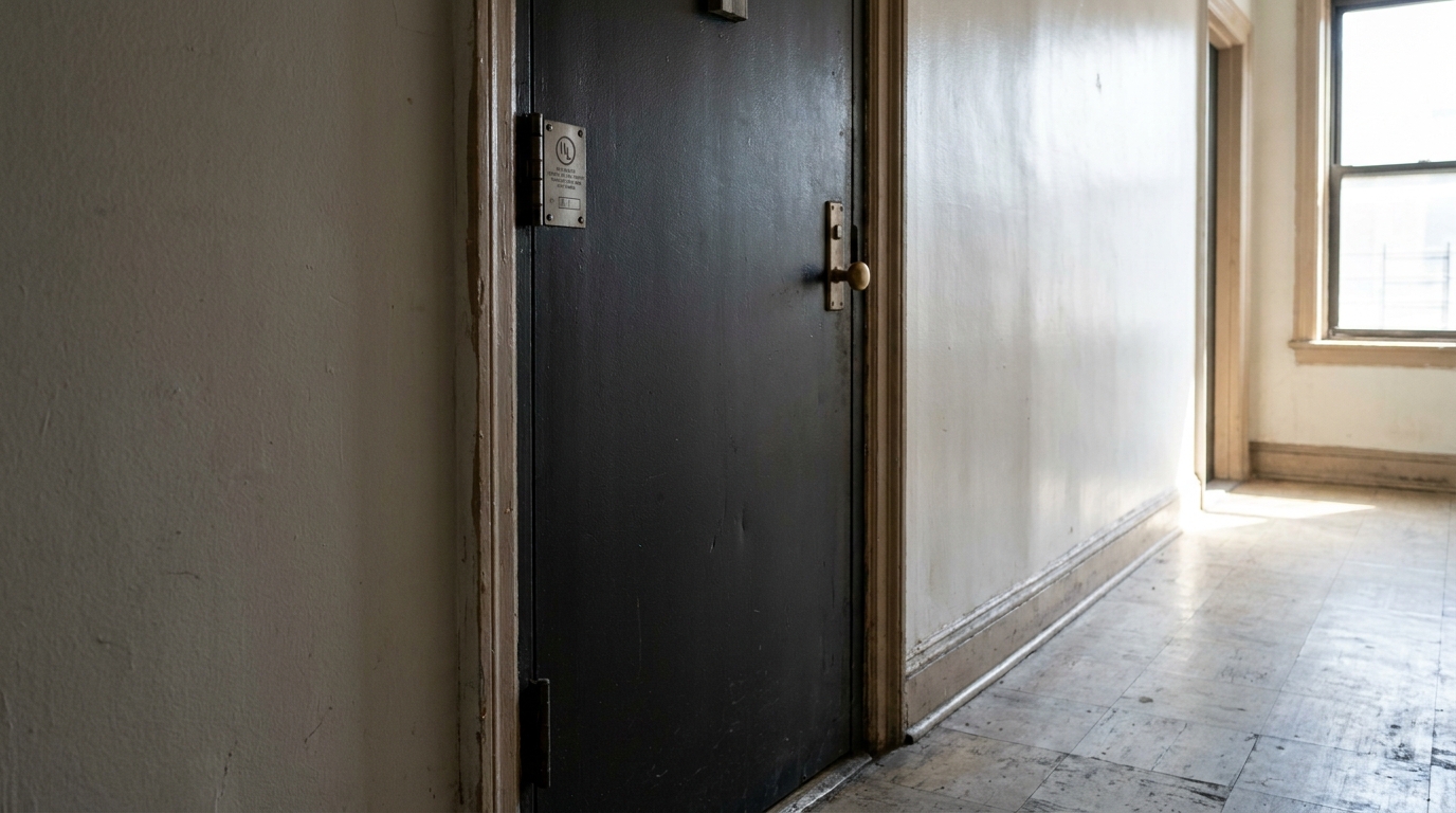 A modern, fire-rated apartment entrance door with a clear fire safety rating label.