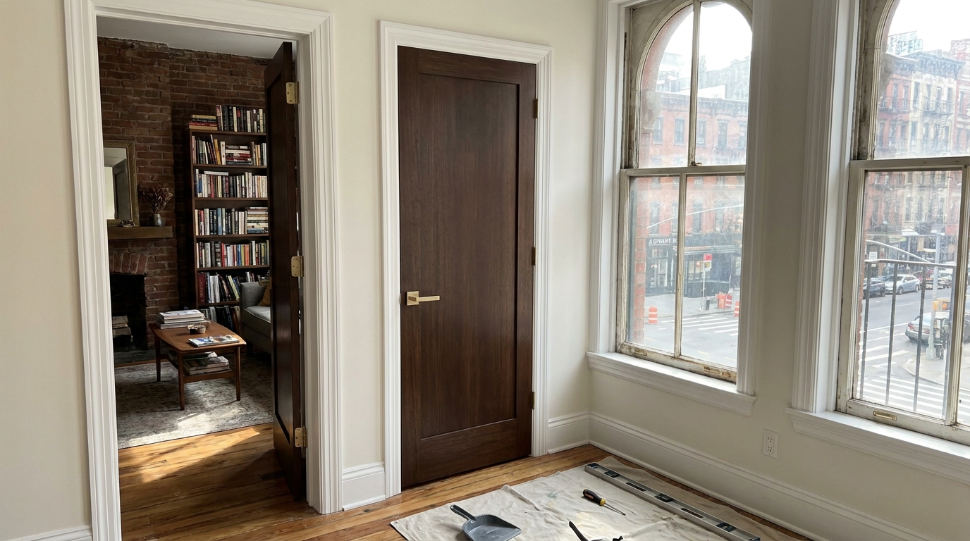 Bright, modern interior door in a renovated East Village apartment hallway.