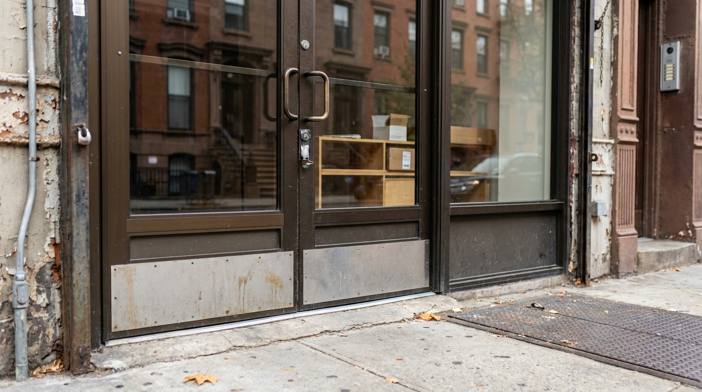 A sleek glass storefront door of a boutique shop in the East Village, reflecting street activity.