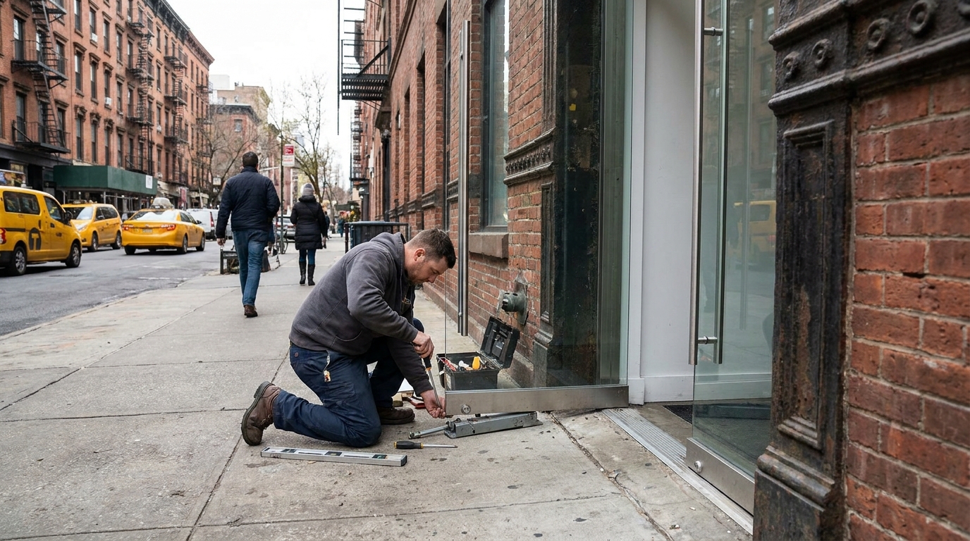 Technician repairing a commercial storefront door hinge in an East Village retail establishment.