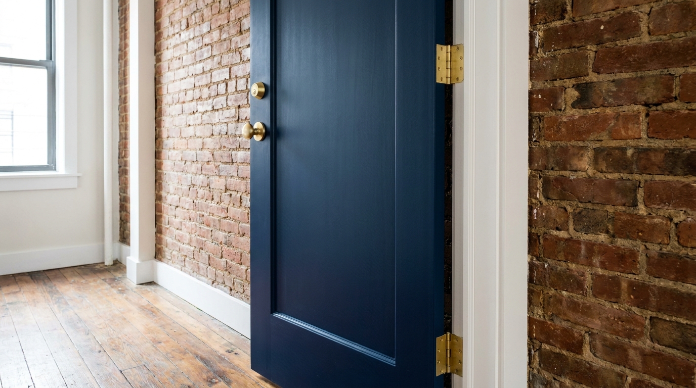 Construction worker inspecting a damaged door frame in an old Manhattan building.